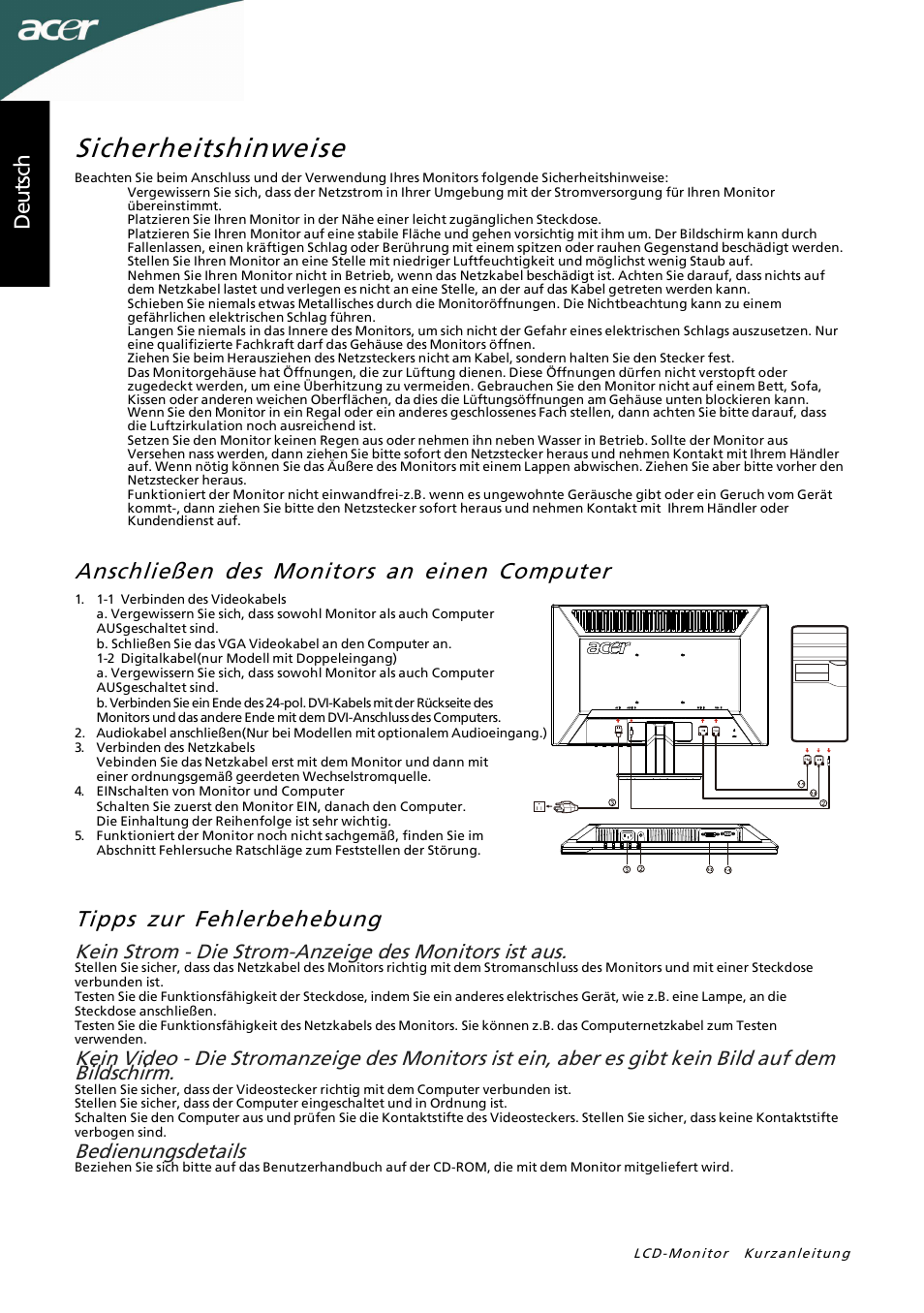 Sicherheitshinweise, Tipps zur fehlerbehebung, Anschließen des monitors an einen computer | Deu ts ch, Bedienungsdetails | Acer P205HL User Manual | Page 6 / 60