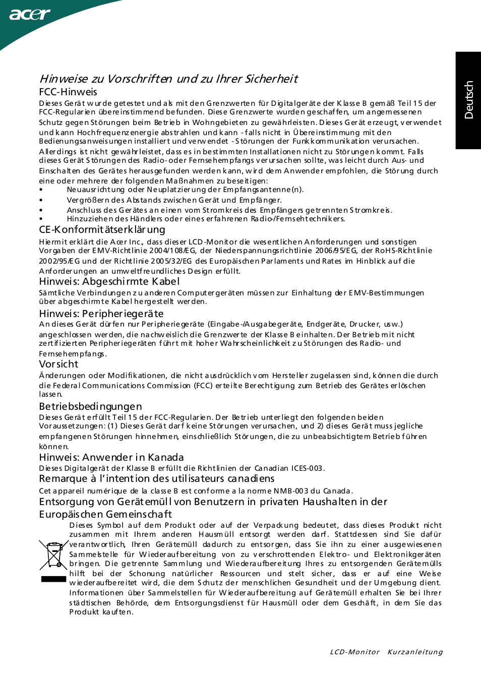 Hinweise zu vorschriften und zu ihrer sicherheit, Deu ts ch d eu ts ch | Acer P205HL User Manual | Page 7 / 60