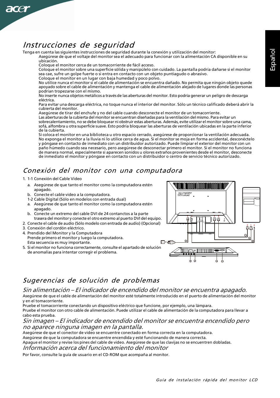 Instrucciones de seguridad, Es pa ño l, Información acerca del funcionamiento del monitor | Acer P205HL User Manual | Page 9 / 60