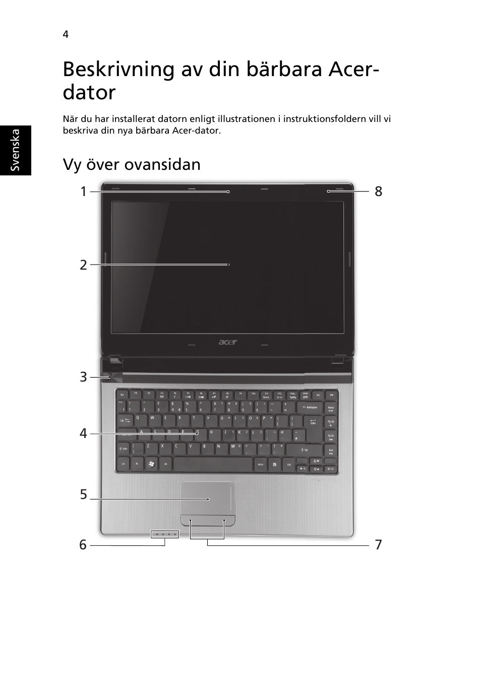 Beskrivning av din bärbara acer- dator, Vy över ovansidan | Acer Aspire 4743ZG User Manual | Page 100 / 320