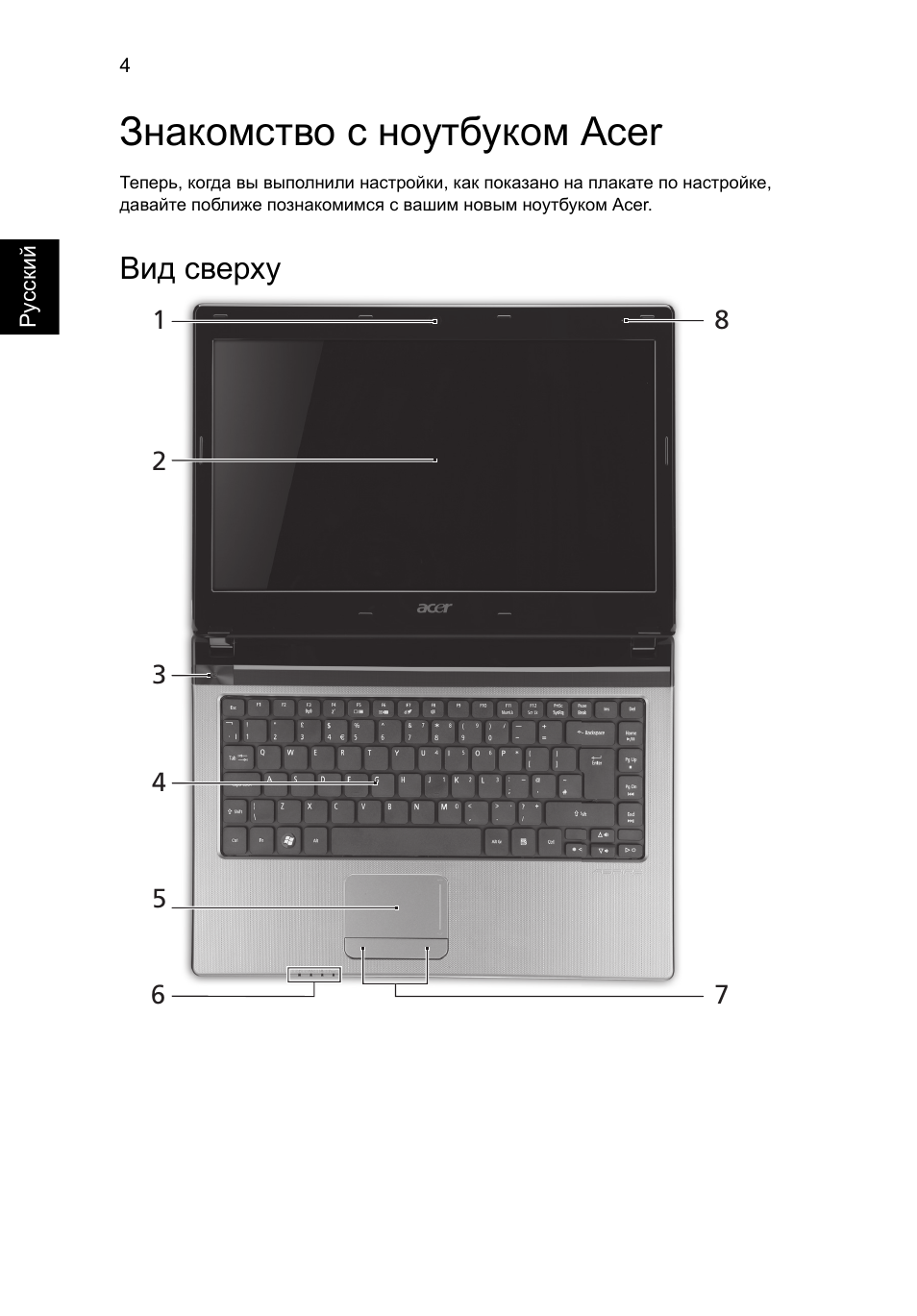 Знакомство с ноутбуком acer, Вид сверху | Acer Aspire 4743ZG User Manual | Page 120 / 320