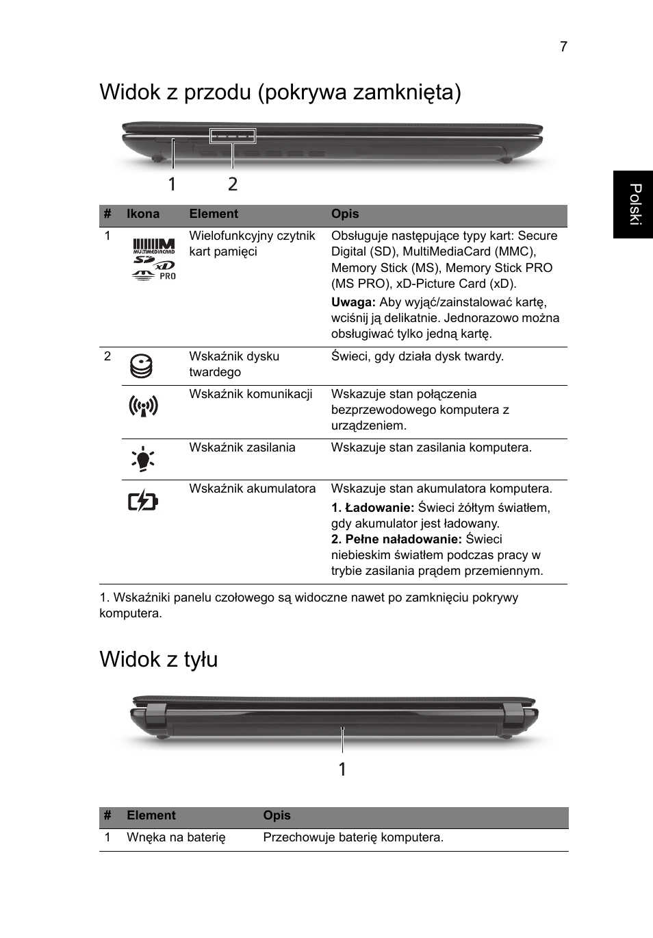 Widok z przodu (pokrywa zamknięta), Widok z tyłu | Acer Aspire 4743ZG User Manual | Page 135 / 320