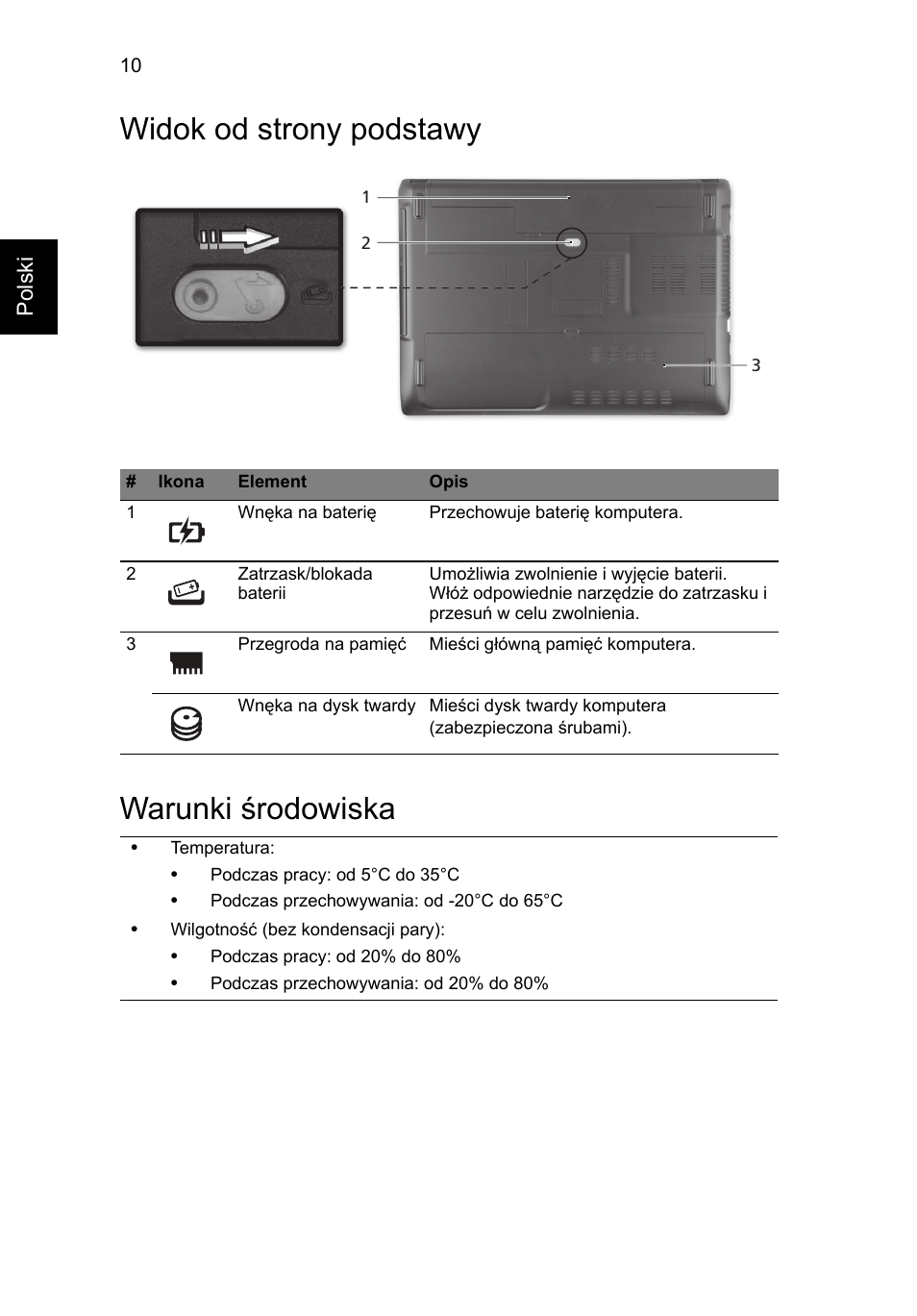 Widok od strony podstawy, Warunki środowiska, Widok od strony podstawy warunki środowiska | Acer Aspire 4743ZG User Manual | Page 138 / 320