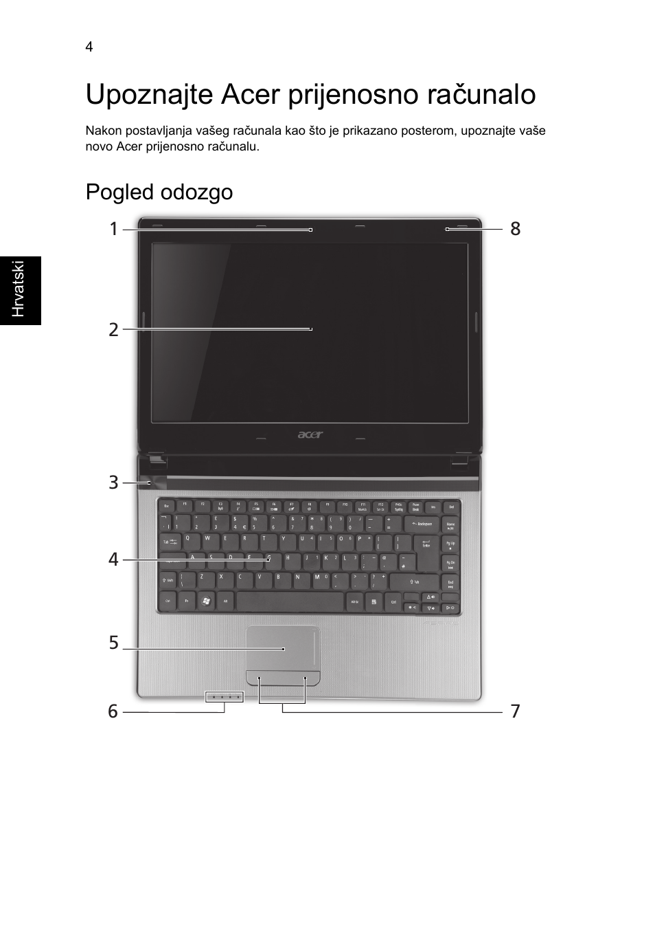 Upoznajte acer prijenosno računalo, Pogled odozgo | Acer Aspire 4743ZG User Manual | Page 182 / 320