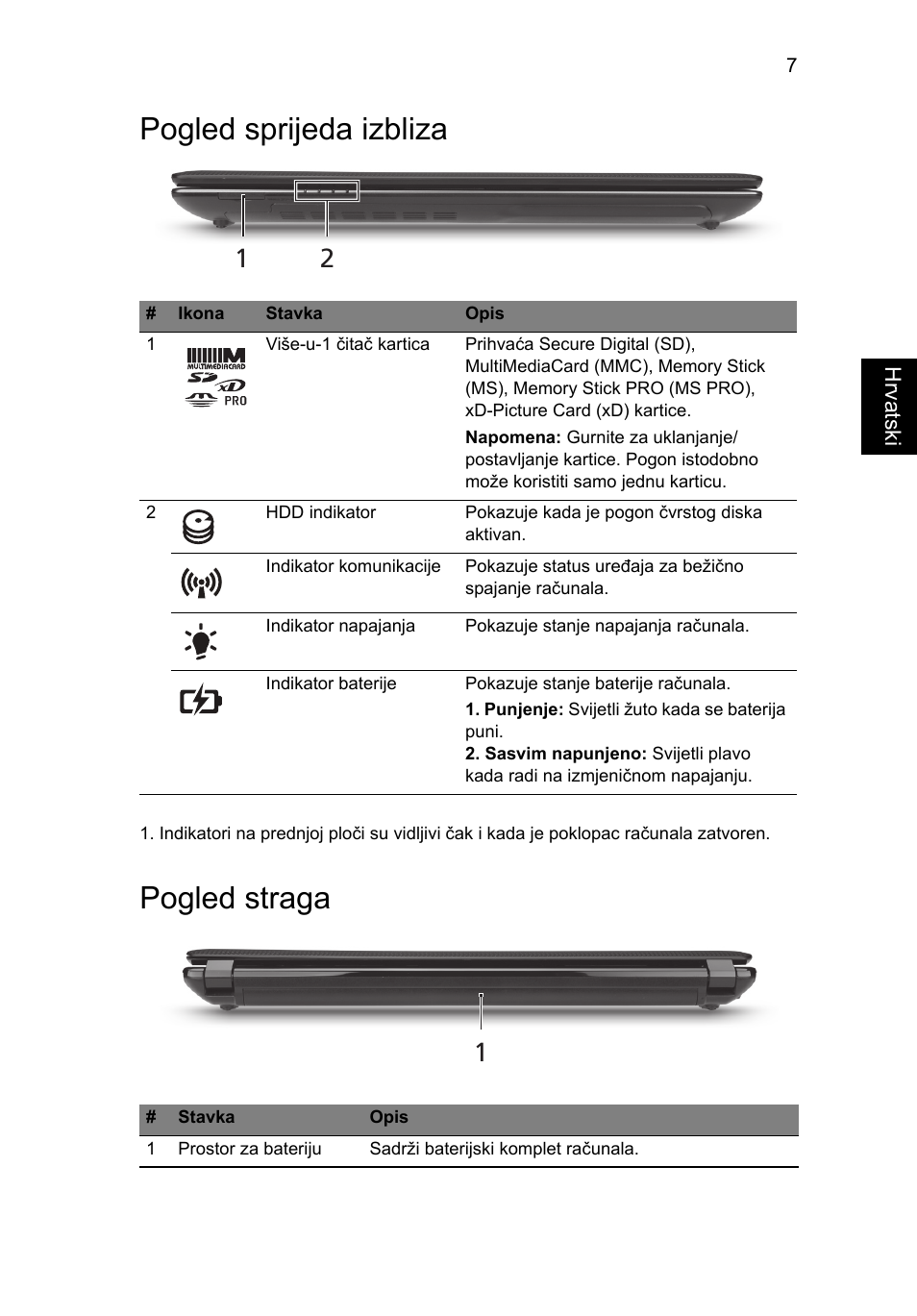 Pogled sprijeda izbliza, Pogled straga | Acer Aspire 4743ZG User Manual | Page 185 / 320