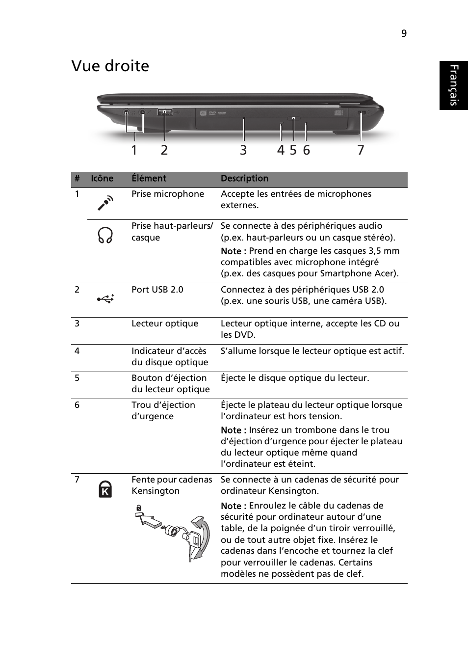 Vue droite, Français | Acer Aspire 4743ZG User Manual | Page 21 / 320