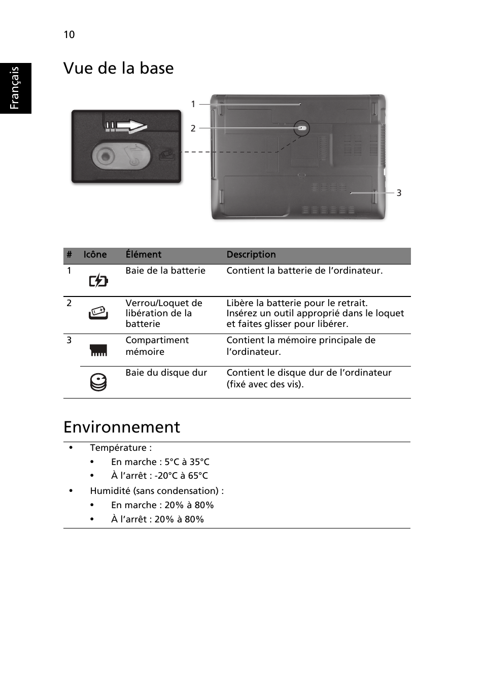 Vue de la base, Environnement, Vue de la base environnement | Acer Aspire 4743ZG User Manual | Page 22 / 320