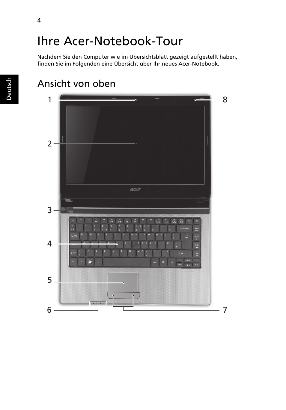 Ihre acer-notebook-tour, Ansicht von oben | Acer Aspire 4743ZG User Manual | Page 26 / 320