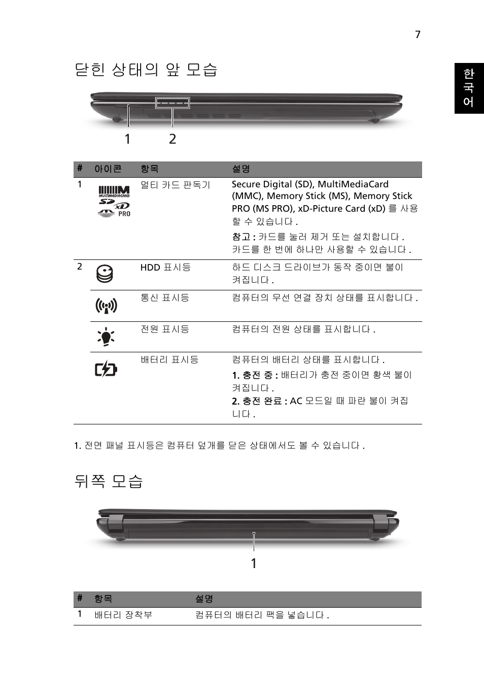 닫힌 상태의 앞 모습, 뒤쪽 모습 | Acer Aspire 4743ZG User Manual | Page 277 / 320