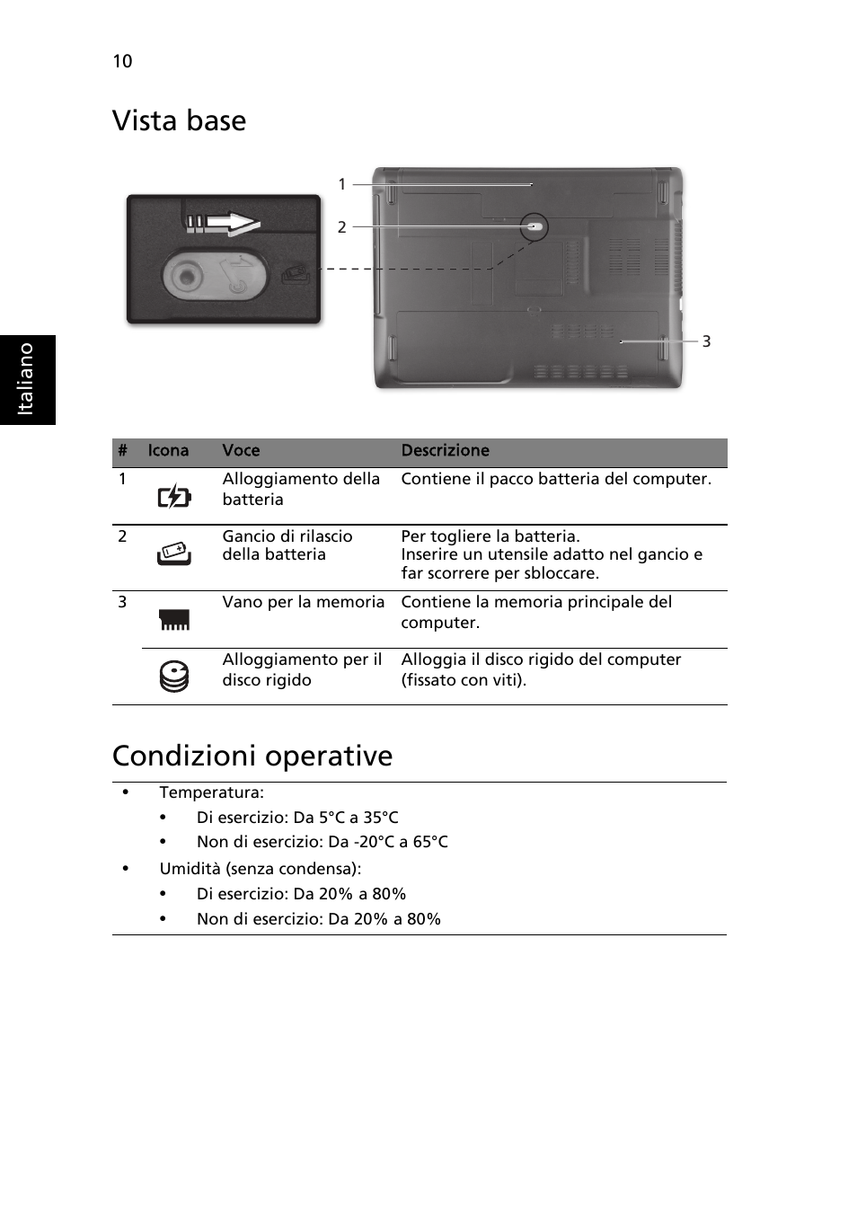 Vista base, Condizioni operative, Vista base condizioni operative | Acer Aspire 4743ZG User Manual | Page 42 / 320