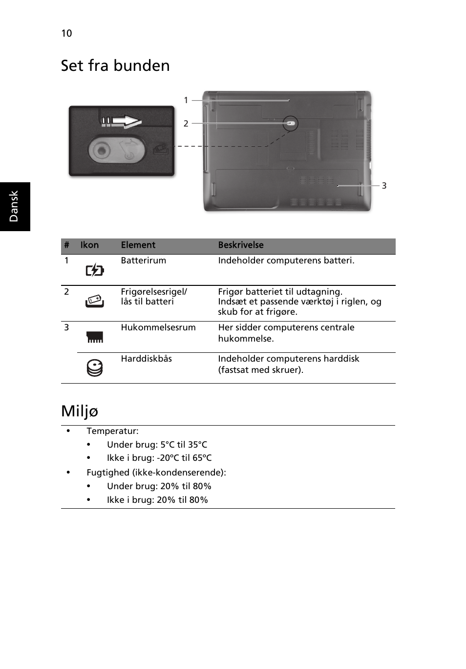 Set fra bunden, Miljø, Set fra bunden miljø | Acer Aspire 4743ZG User Manual | Page 96 / 320