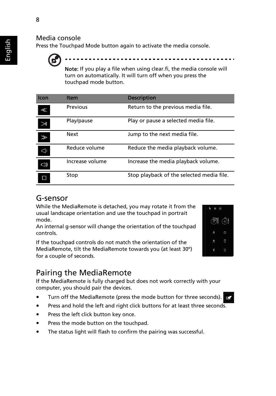 G-sensor, Pairing the mediaremote | Acer Aspire 8951G User Manual | Page 10 / 440