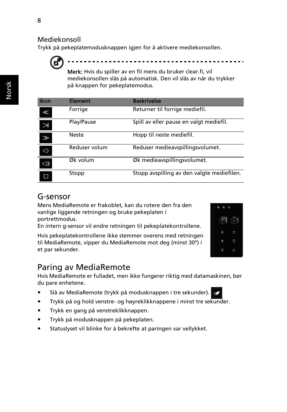 G-sensor, Paring av mediaremote | Acer Aspire 8951G User Manual | Page 112 / 440