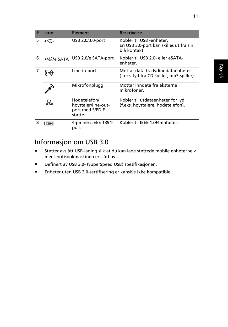Informasjon om usb 3.0, Norsk | Acer Aspire 8951G User Manual | Page 115 / 440