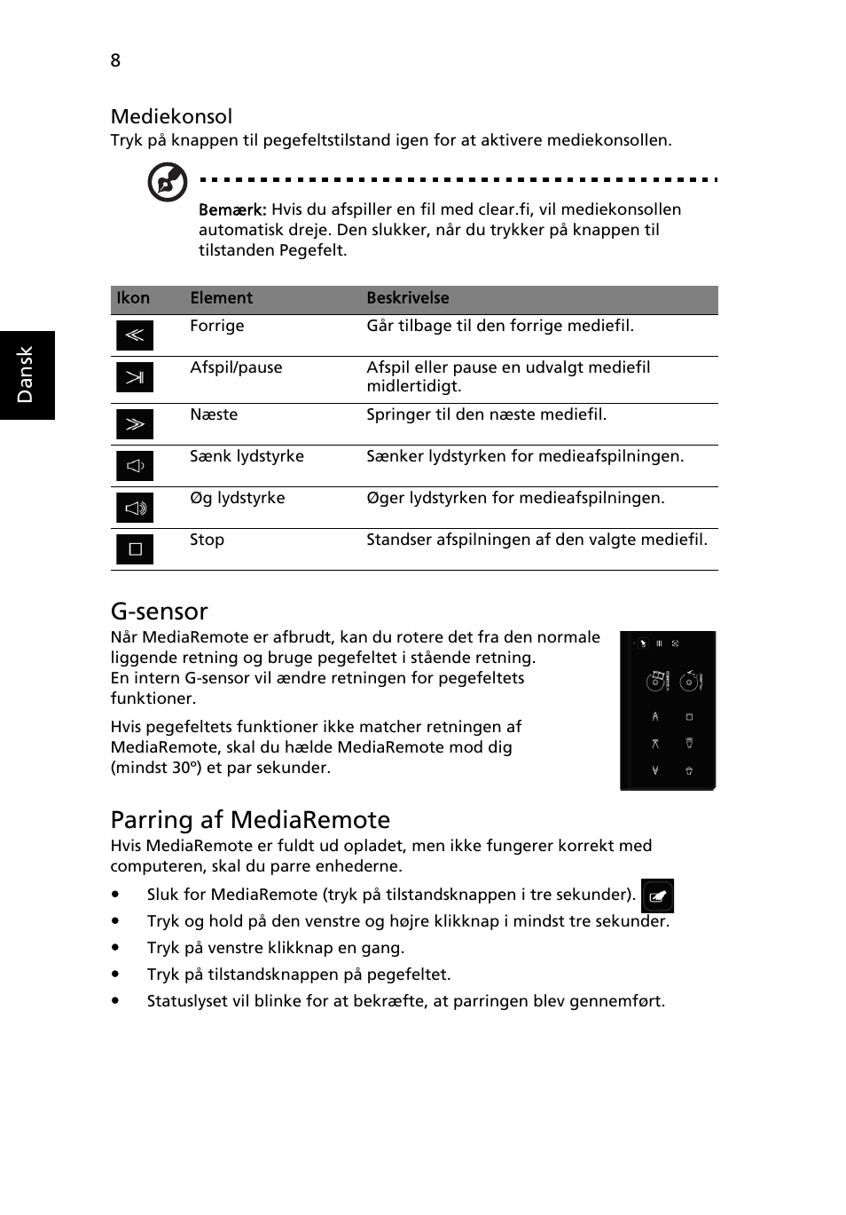 G-sensor, Parring af mediaremote | Acer Aspire 8951G User Manual | Page 126 / 440