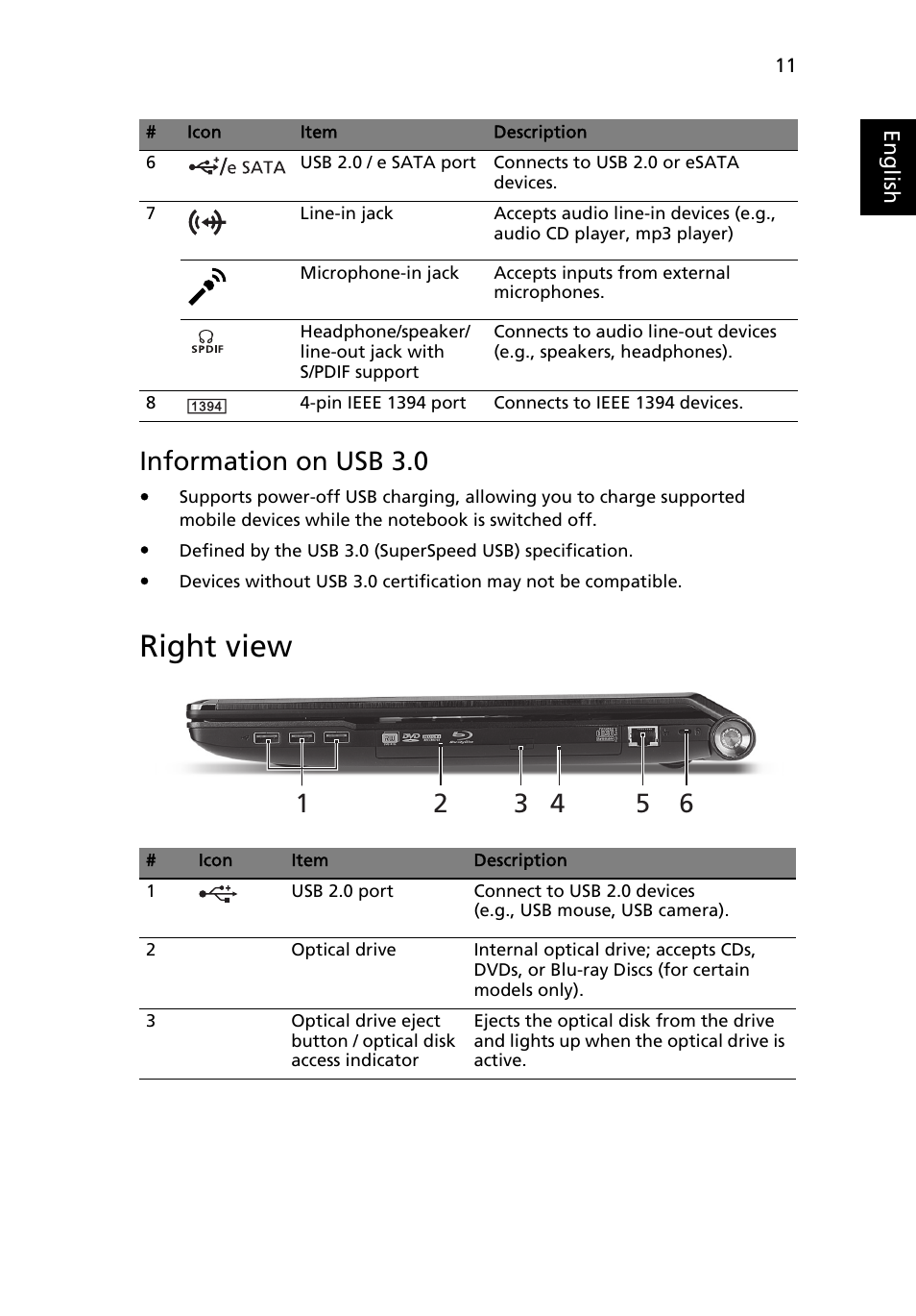 Right view, Information on usb 3.0 | Acer Aspire 8951G User Manual | Page 13 / 440