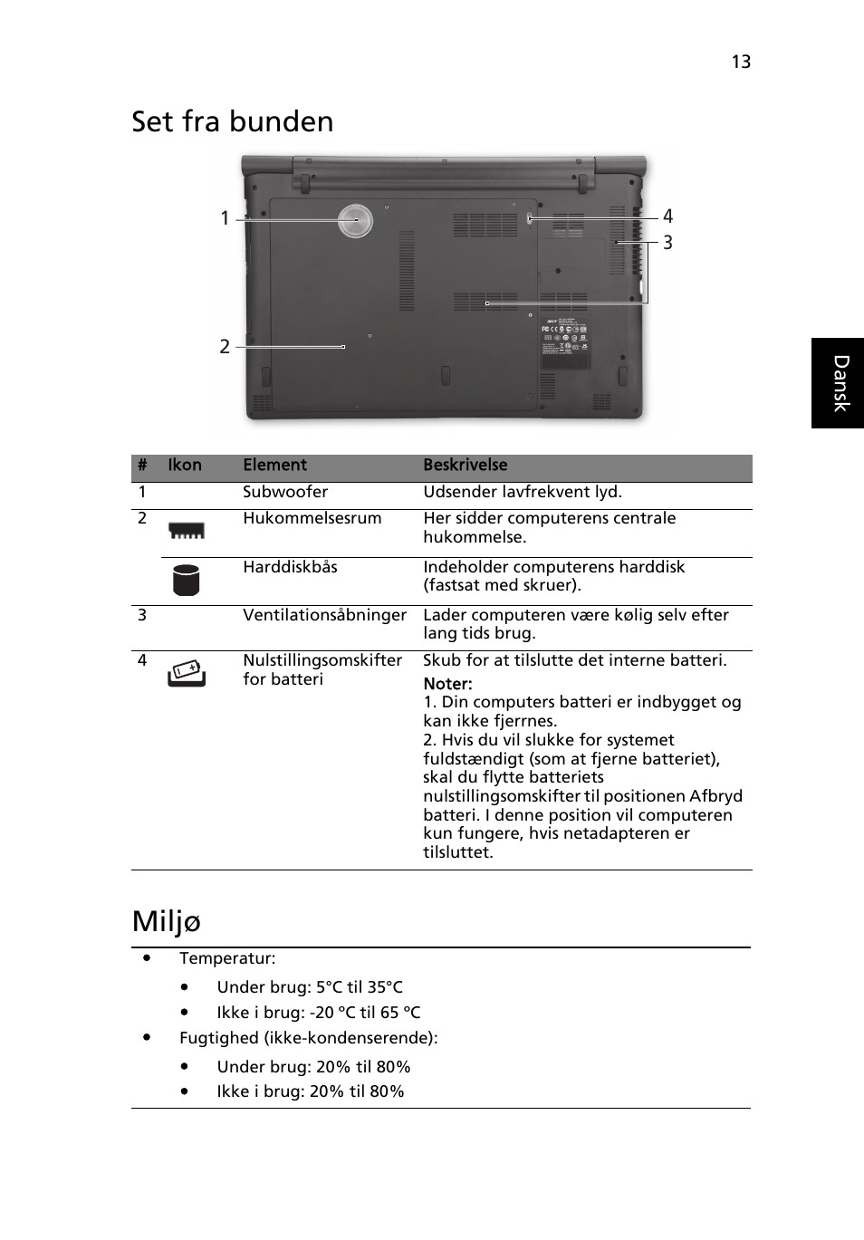 Set fra bunden, Miljø, Set fra bunden miljø | Acer Aspire 8951G User Manual | Page 131 / 440