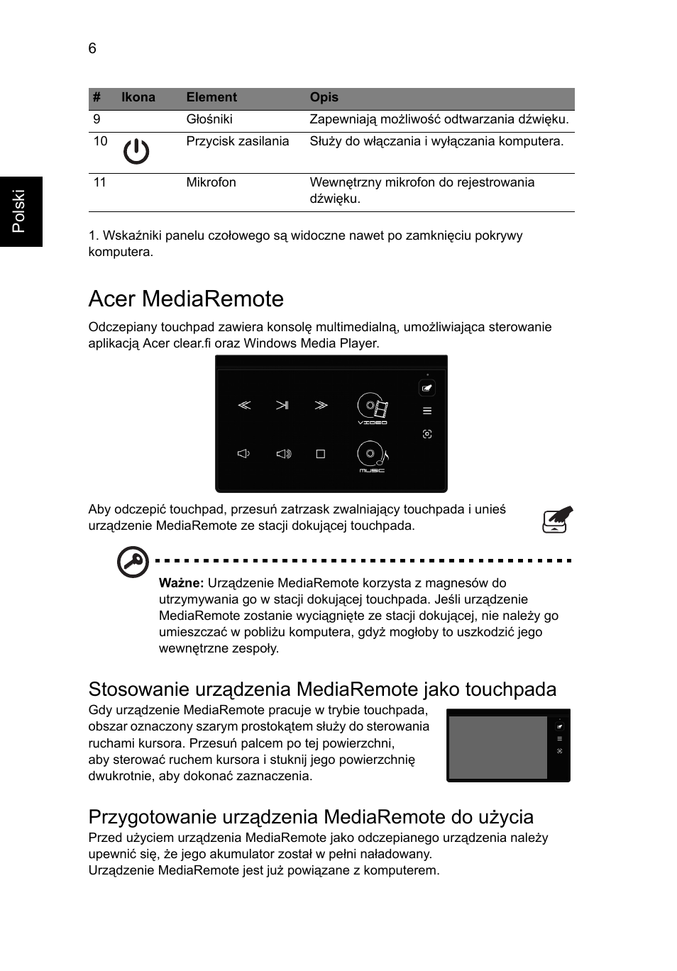 Acer mediaremote, Stosowanie urządzenia mediaremote jako touchpada, Przygotowanie urządzenia mediaremote do użycia | Acer Aspire 8951G User Manual | Page 182 / 440