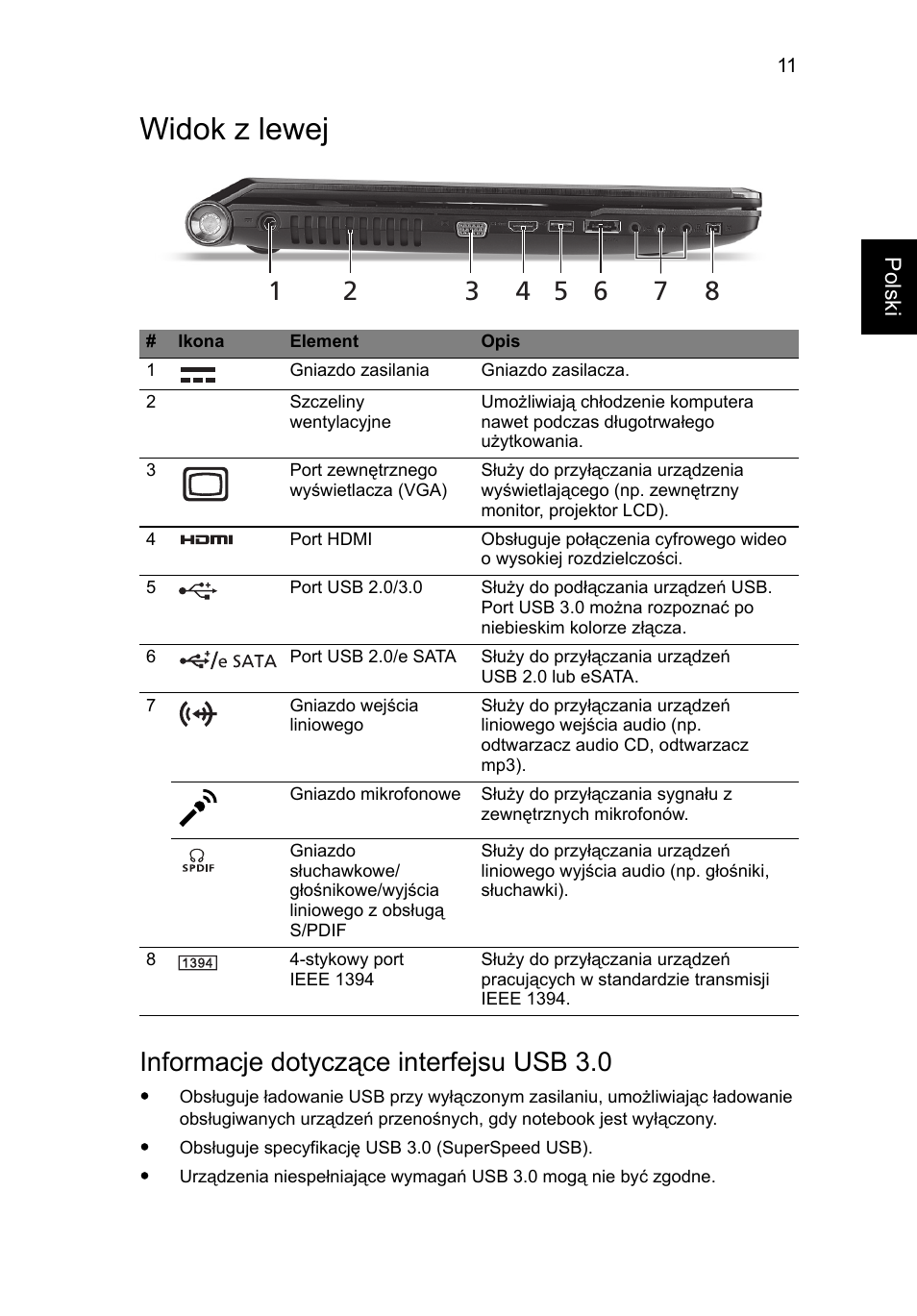 Widok z lewej, Informacje dotyczące interfejsu usb 3.0 | Acer Aspire 8951G User Manual | Page 187 / 440