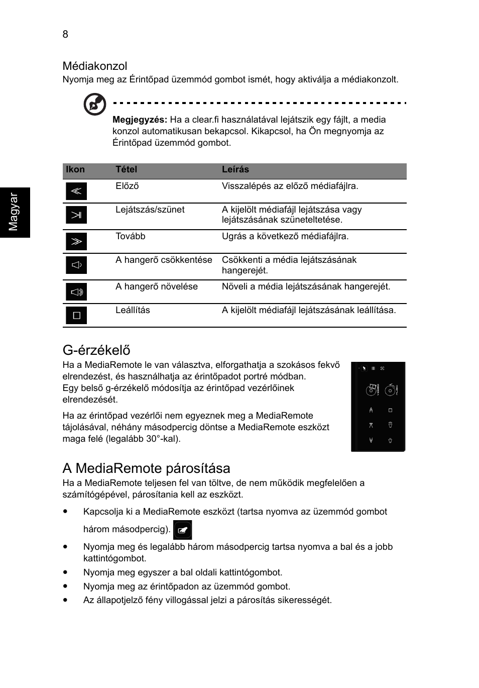 G-érzékelő, A mediaremote párosítása | Acer Aspire 8951G User Manual | Page 198 / 440