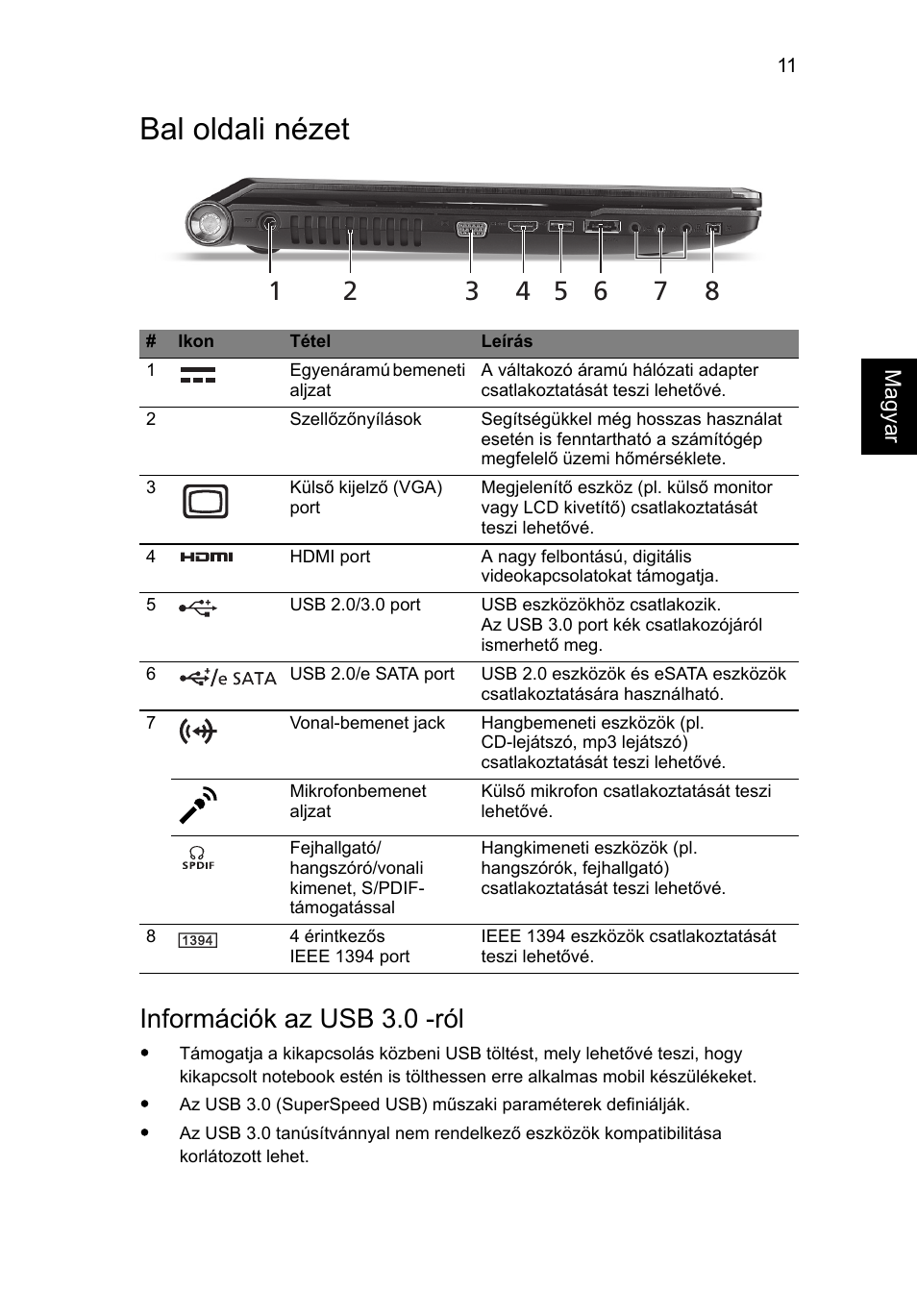 Bal oldali nézet, Információk az usb 3.0 -ról | Acer Aspire 8951G User Manual | Page 201 / 440