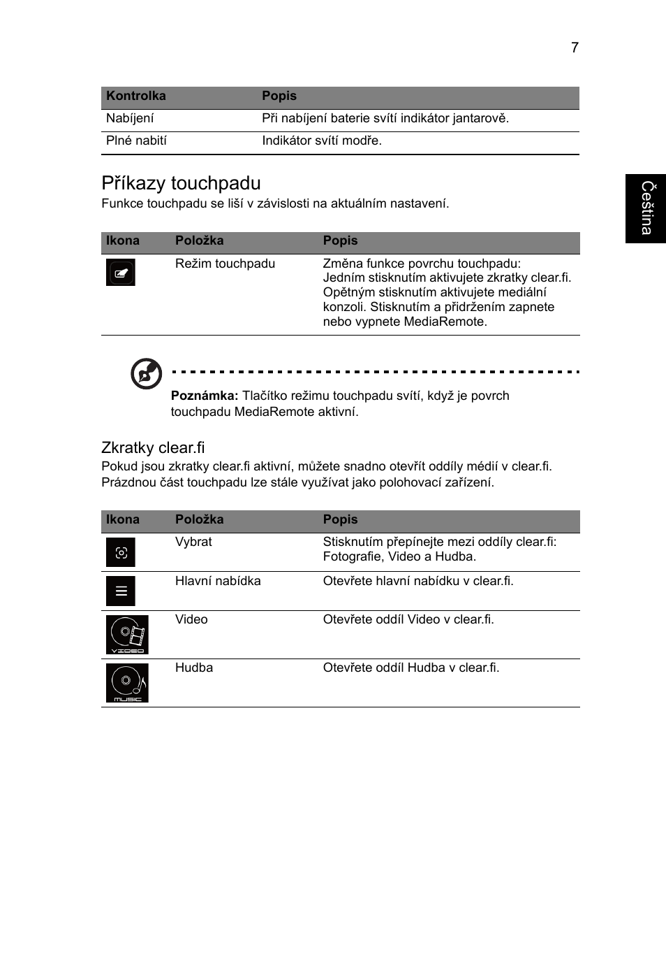 Příkazy touchpadu | Acer Aspire 8951G User Manual | Page 211 / 440