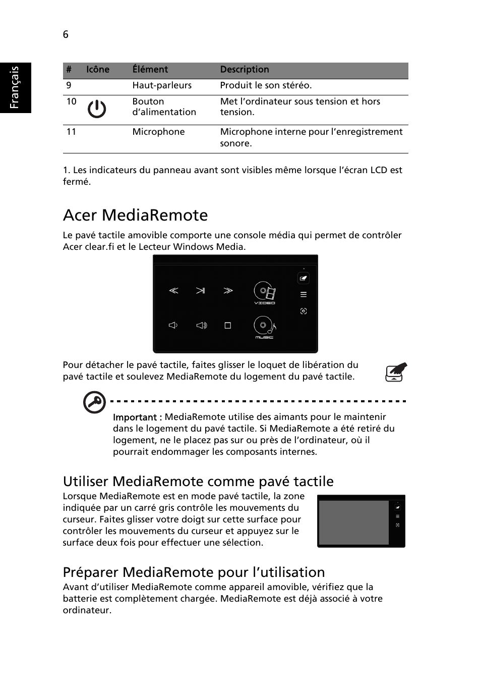 Acer mediaremote, Utiliser mediaremote comme pavé tactile, Préparer mediaremote pour l’utilisation | Acer Aspire 8951G User Manual | Page 22 / 440