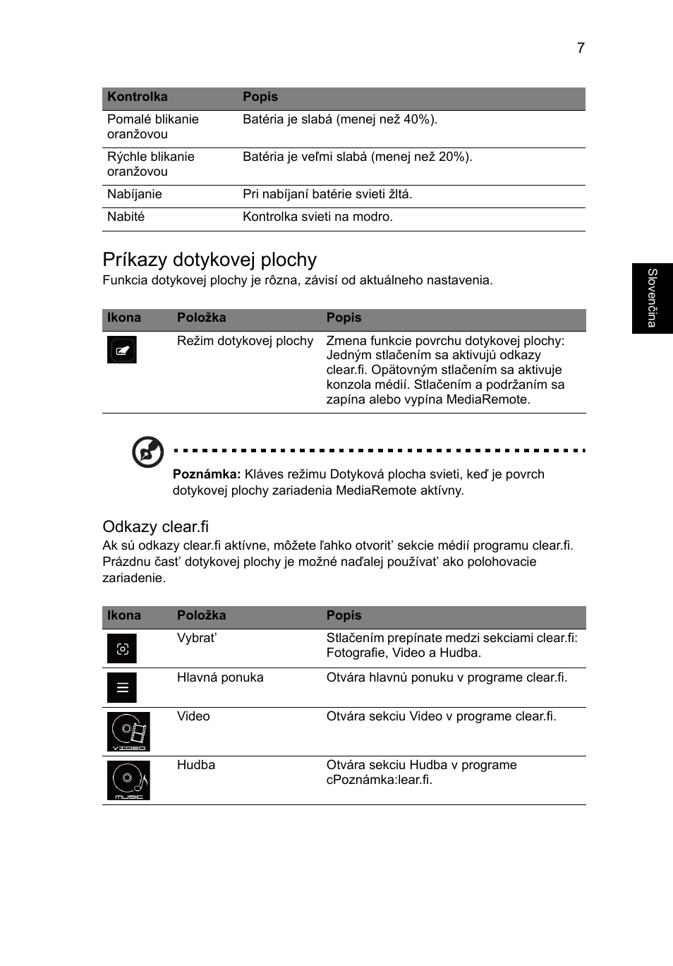 Príkazy dotykovej plochy, Odkazy clear.fi | Acer Aspire 8951G User Manual | Page 225 / 440