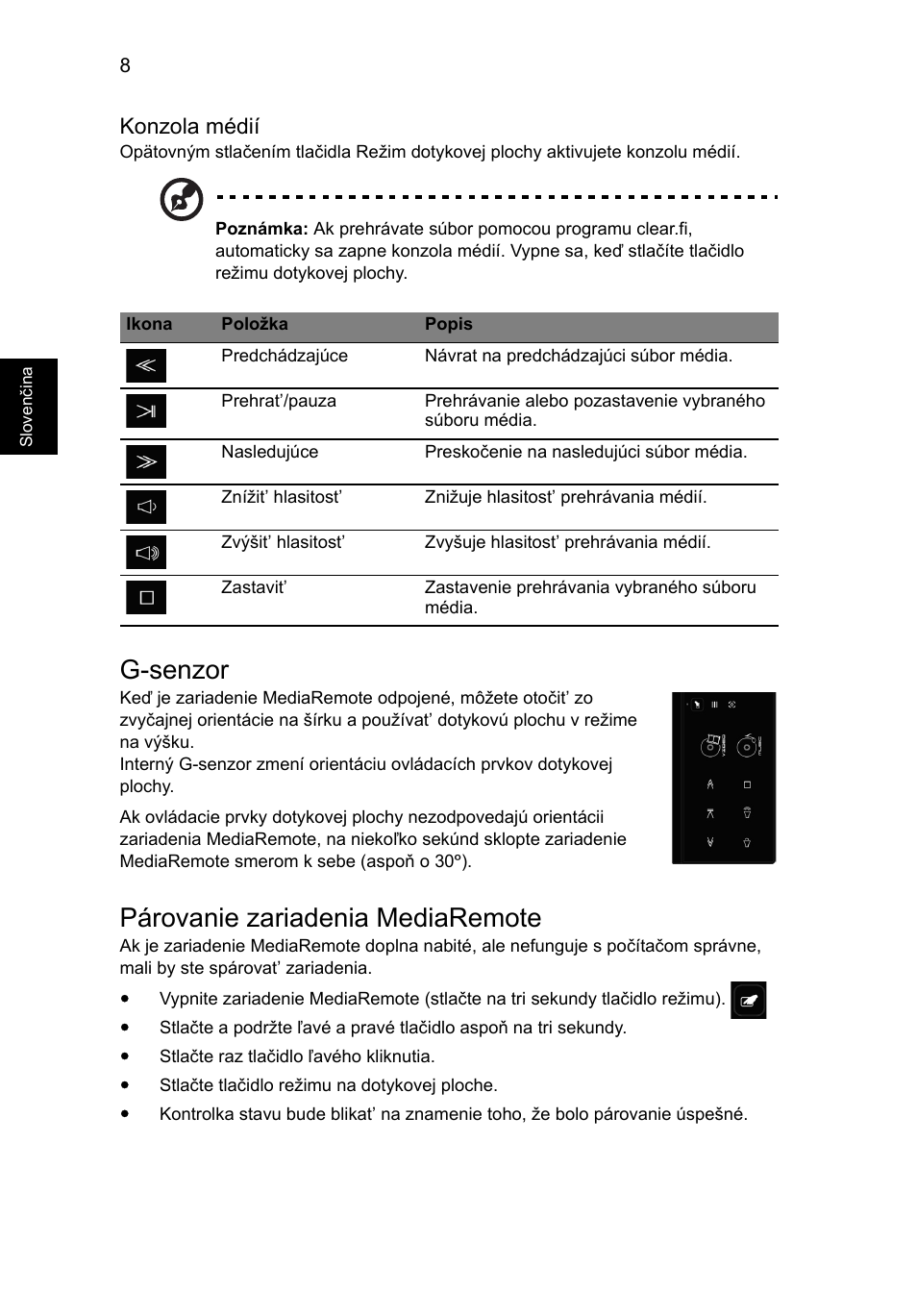 G-senzor, Párovanie zariadenia mediaremote | Acer Aspire 8951G User Manual | Page 226 / 440