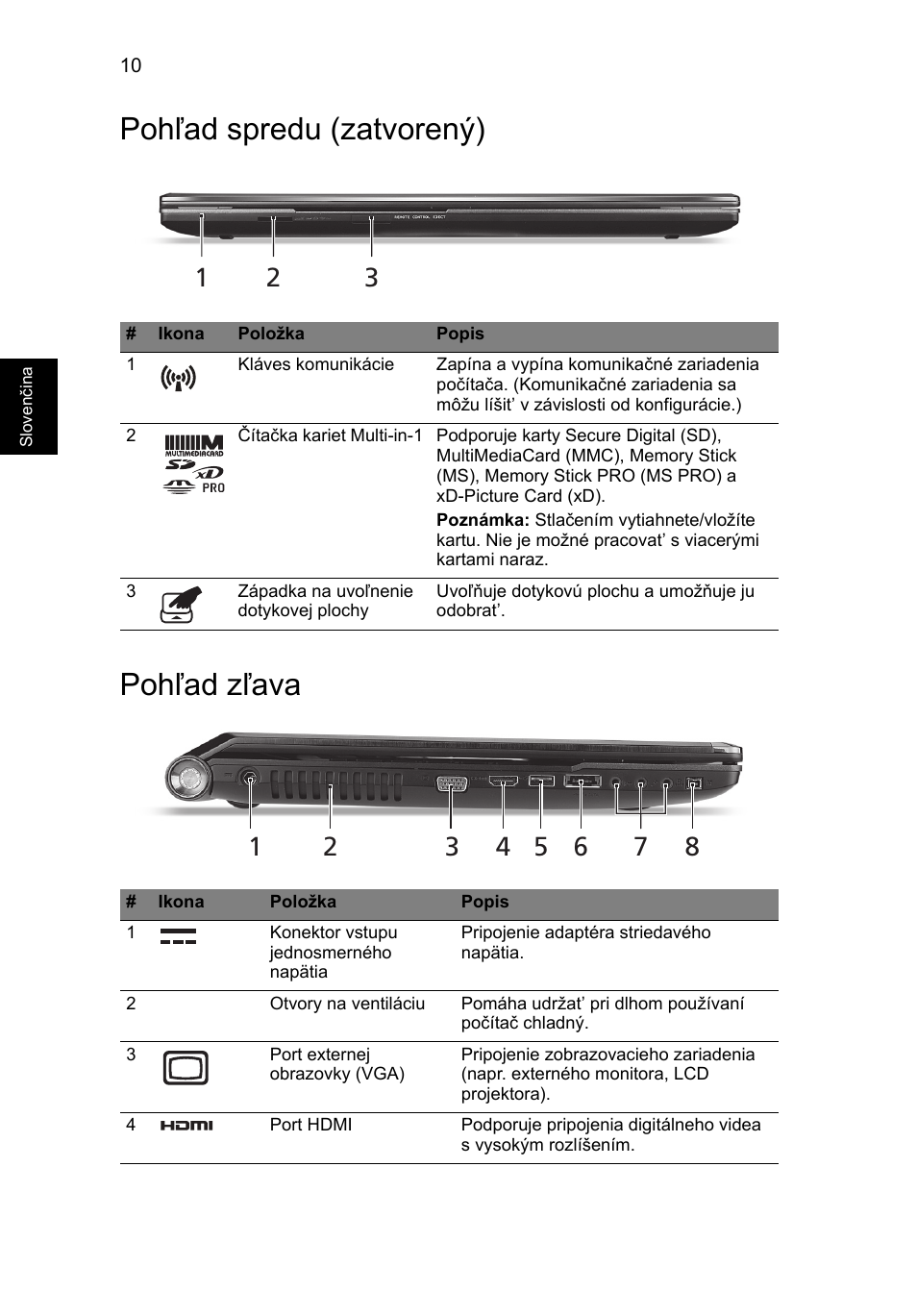 Pohľad spredu (zatvorený), Pohľad zľava, Pohľad spredu (zatvorený) pohľad zľava | Acer Aspire 8951G User Manual | Page 228 / 440