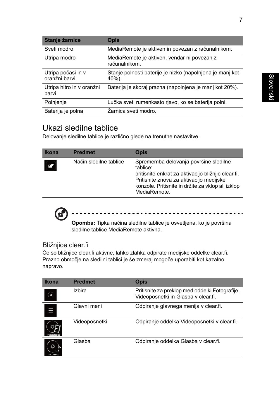 Ukazi sledilne tablice, Bližnjice clear.fi | Acer Aspire 8951G User Manual | Page 239 / 440