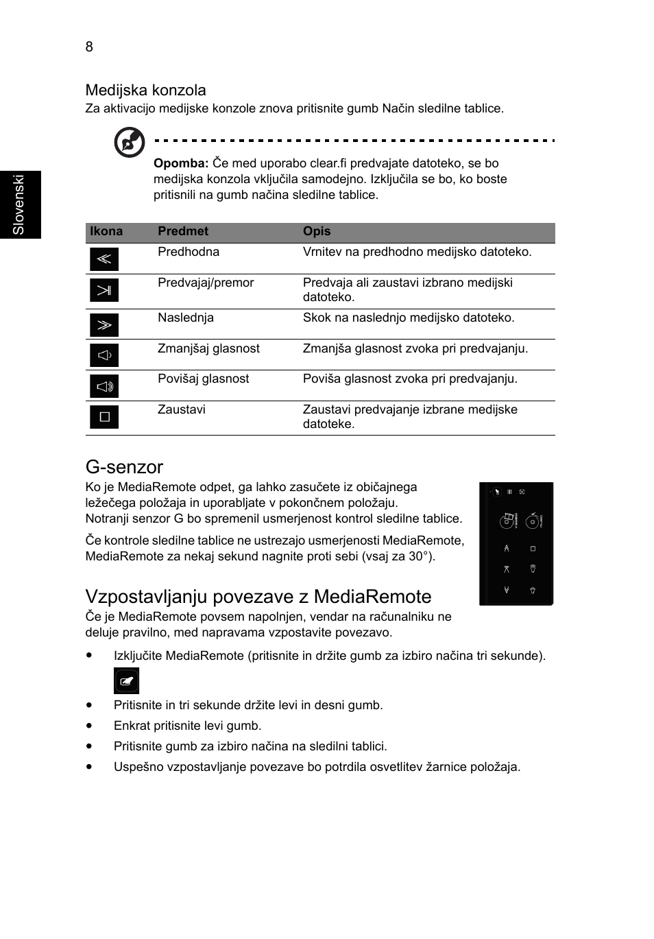 G-senzor, Vzpostavljanju povezave z mediaremote | Acer Aspire 8951G User Manual | Page 240 / 440