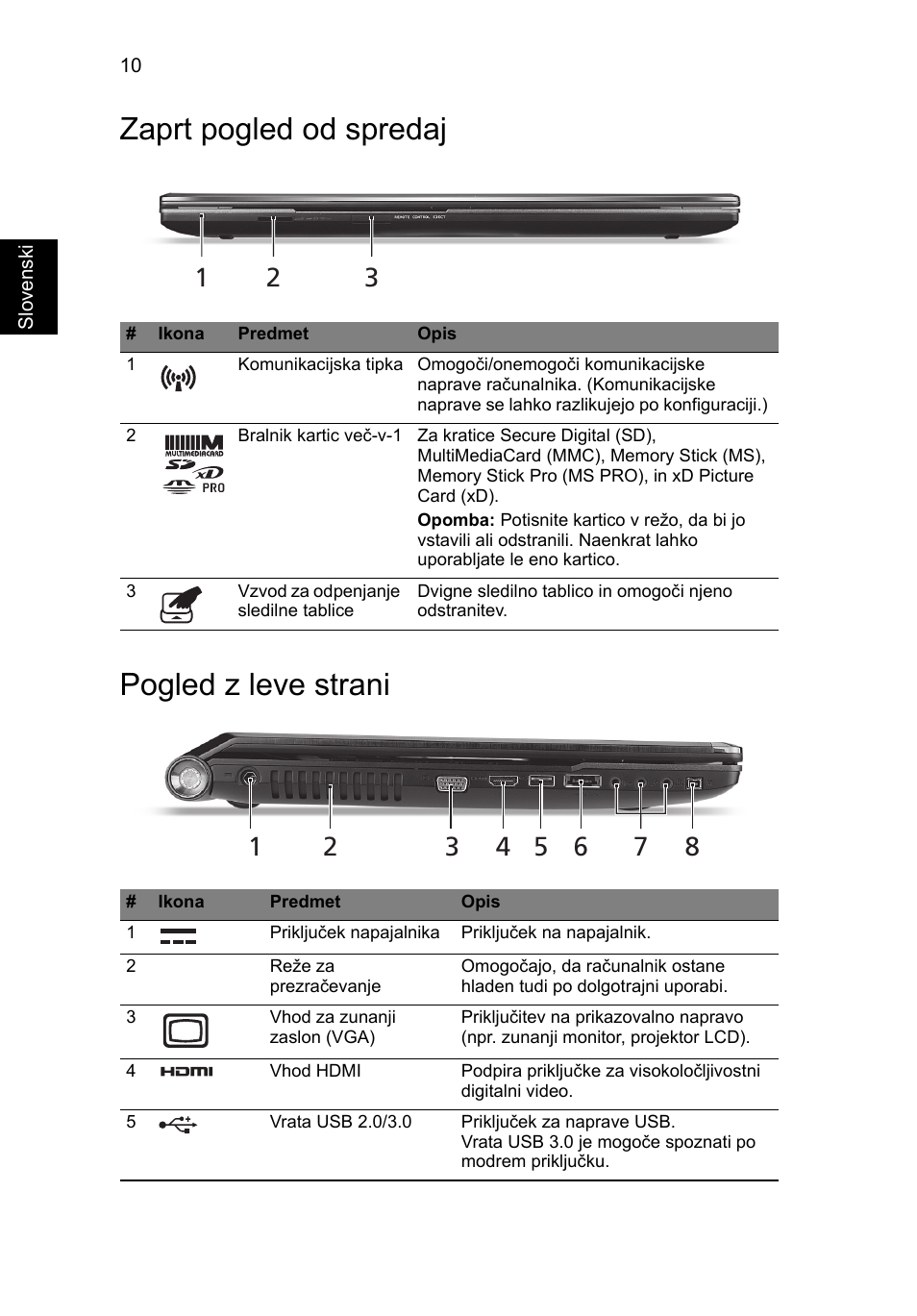 Zaprt pogled od spredaj, Pogled z leve strani, Zaprt pogled od spredaj pogled z leve strani | Acer Aspire 8951G User Manual | Page 242 / 440