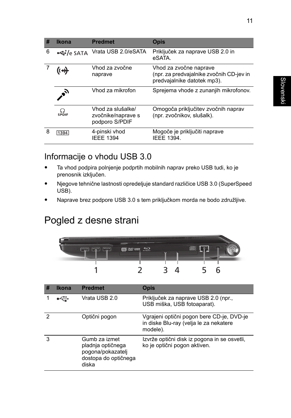 Pogled z desne strani, Informacije o vhodu usb 3.0 | Acer Aspire 8951G User Manual | Page 243 / 440