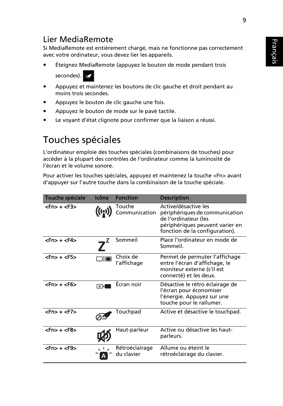 Touches spéciales, Français, Lier mediaremote | Acer Aspire 8951G User Manual | Page 25 / 440