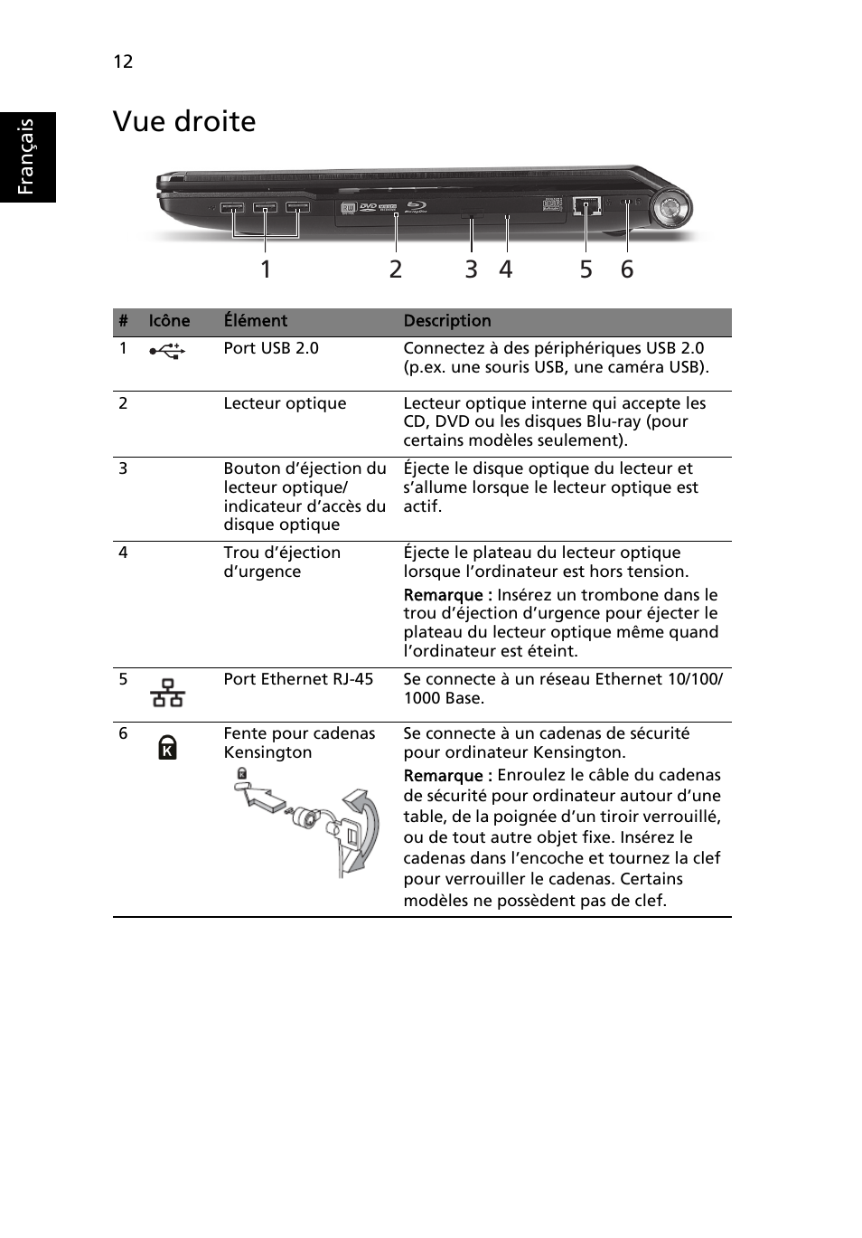 Vue droite | Acer Aspire 8951G User Manual | Page 28 / 440