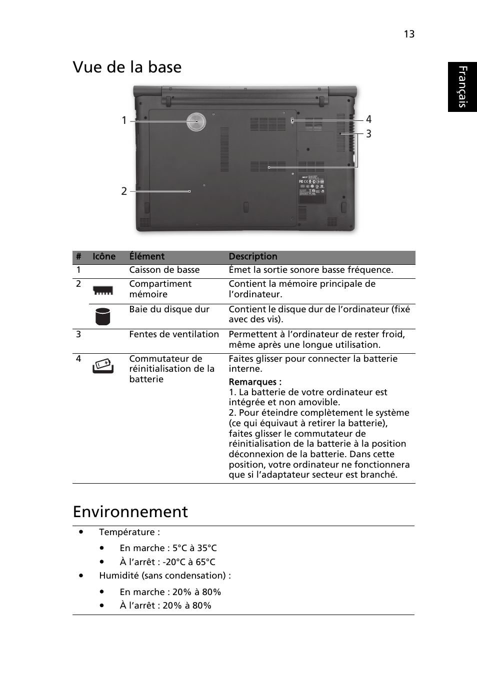 Vue de la base, Environnement, Vue de la base environnement | Français | Acer Aspire 8951G User Manual | Page 29 / 440