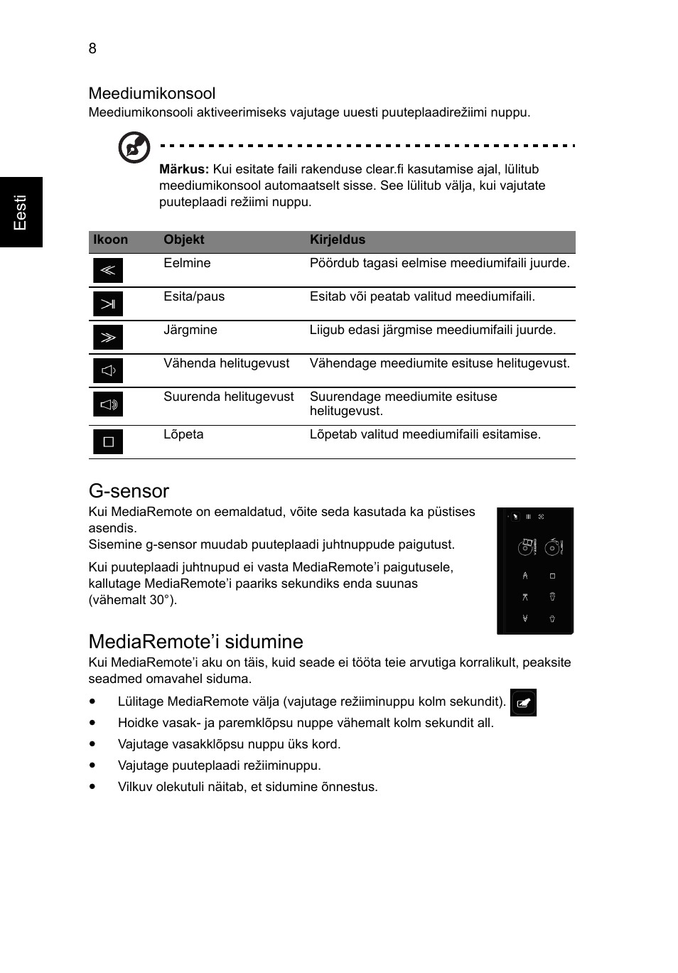 G-sensor, Mediaremote’i sidumine | Acer Aspire 8951G User Manual | Page 296 / 440