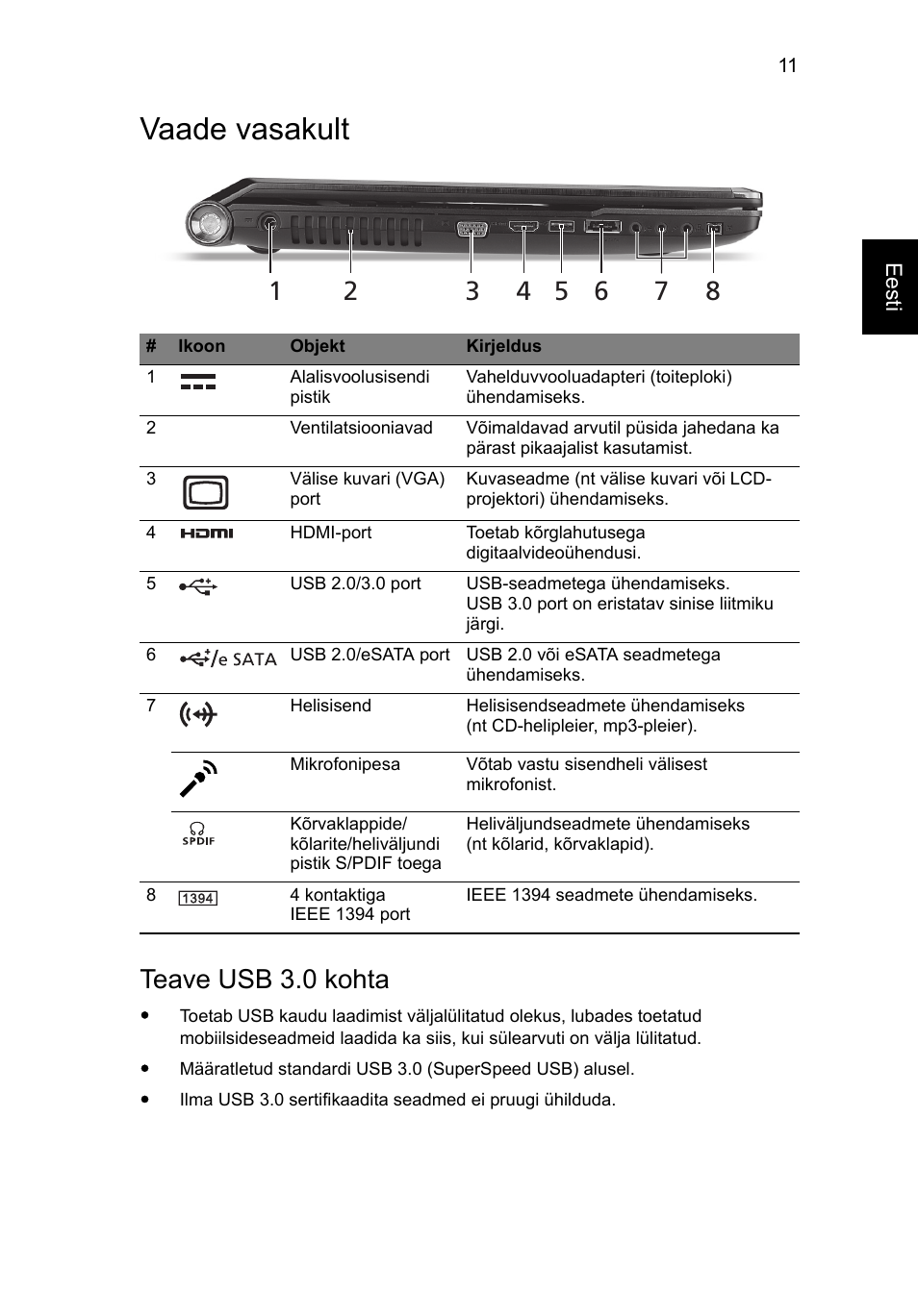 Vaade vasakult, Teave usb 3.0 kohta | Acer Aspire 8951G User Manual | Page 299 / 440