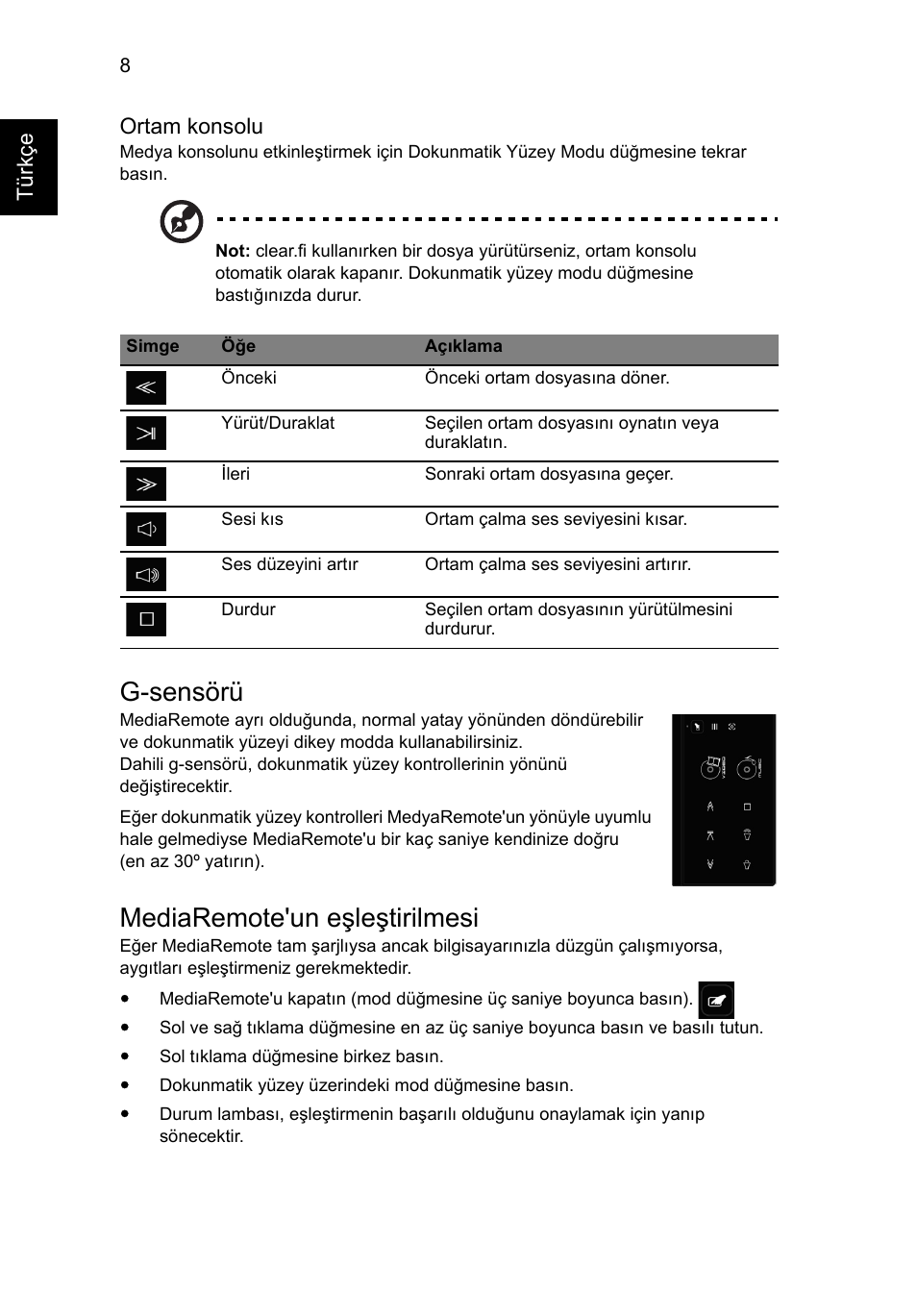 G-sensörü, Mediaremote'un eşleştirilmesi | Acer Aspire 8951G User Manual | Page 354 / 440