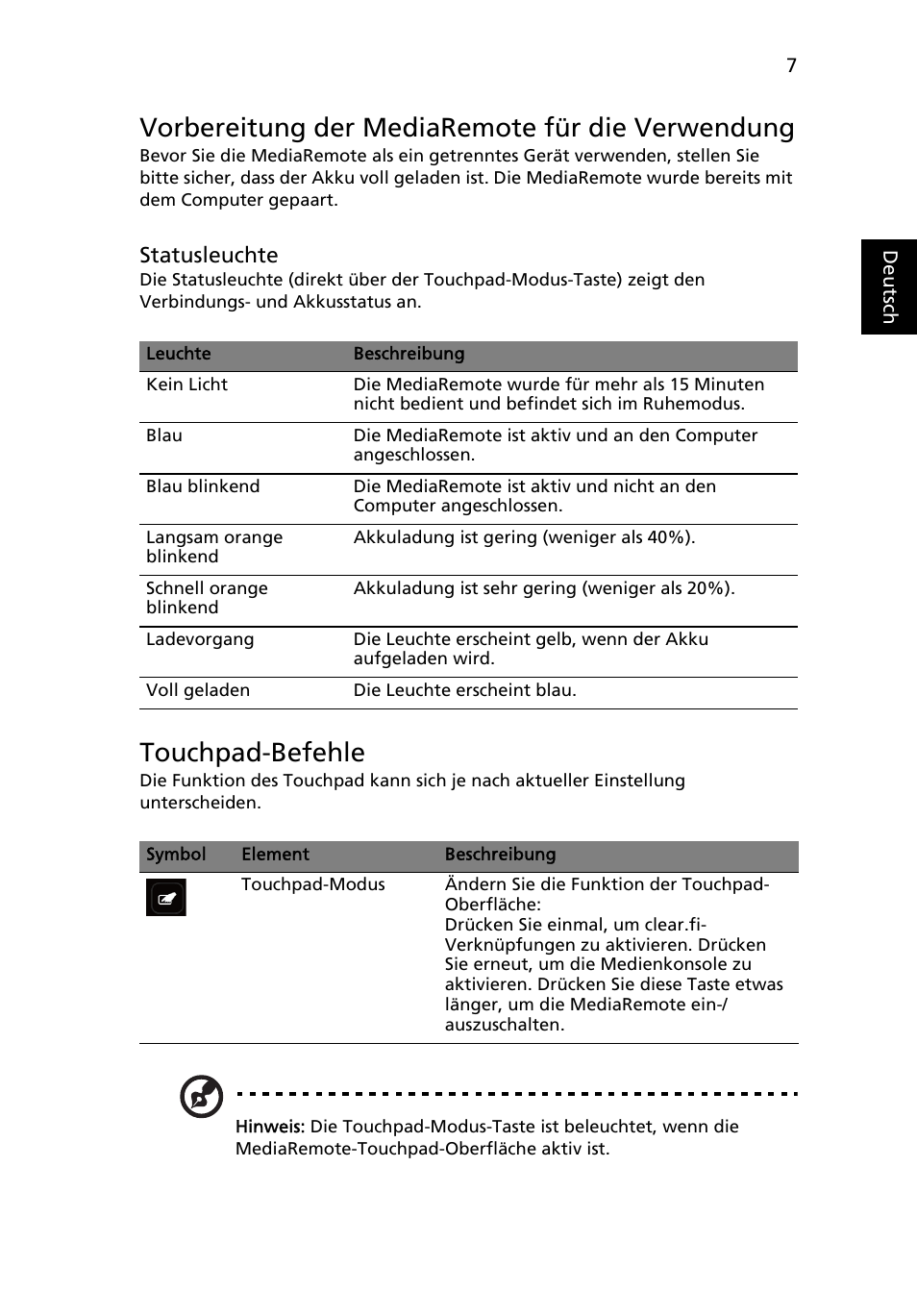 Vorbereitung der mediaremote für die verwendung, Touchpad-befehle | Acer Aspire 8951G User Manual | Page 37 / 440