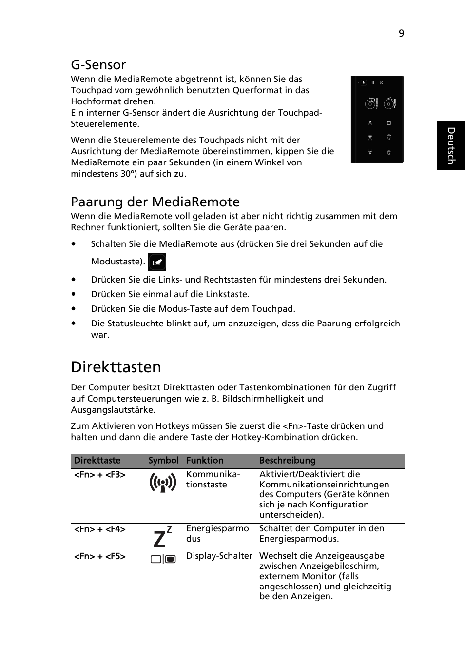 Direkttasten, G-sensor, Paarung der mediaremote | Acer Aspire 8951G User Manual | Page 39 / 440