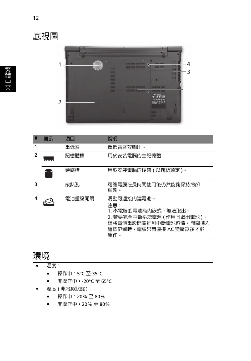 底視圖 環境 | Acer Aspire 8951G User Manual | Page 400 / 440