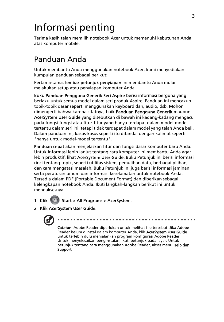 Informasi penting, Panduan anda | Acer Aspire 8951G User Manual | Page 415 / 440