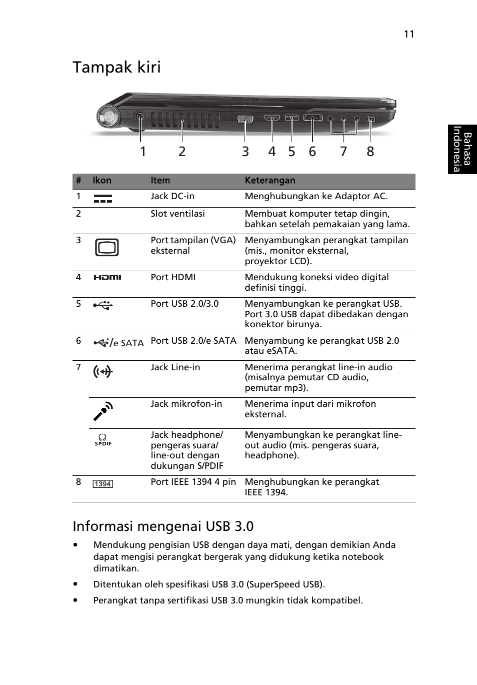 Tampak kiri, Informasi mengenai usb 3.0 | Acer Aspire 8951G User Manual | Page 423 / 440