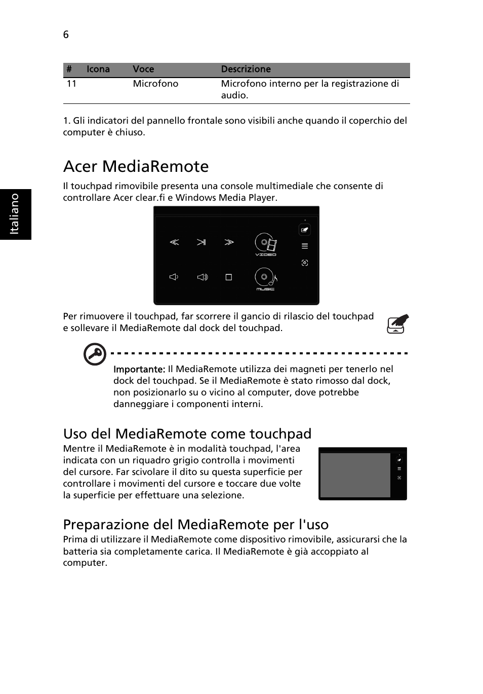 Acer mediaremote, Uso del mediaremote come touchpad, Preparazione del mediaremote per l'uso | Acer Aspire 8951G User Manual | Page 50 / 440