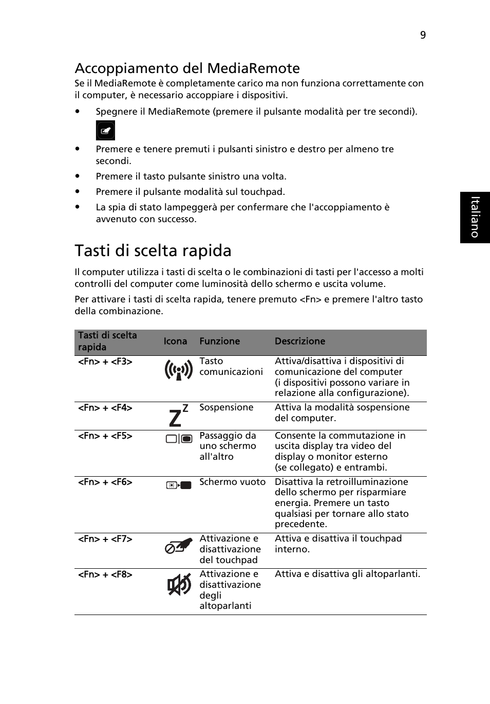 Tasti di scelta rapida, Accoppiamento del mediaremote | Acer Aspire 8951G User Manual | Page 53 / 440