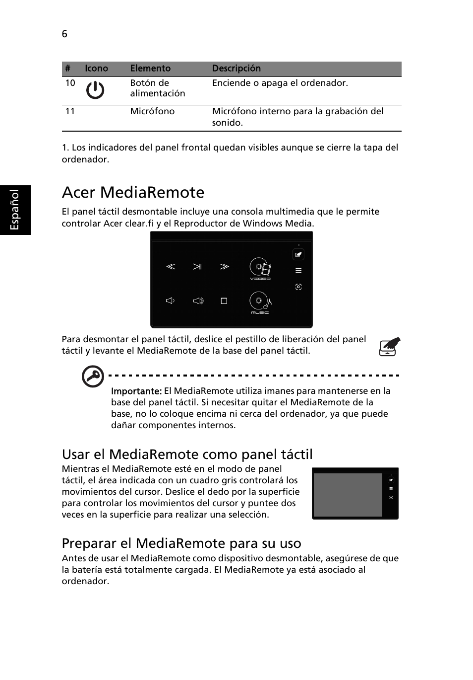 Acer mediaremote, Usar el mediaremote como panel táctil, Preparar el mediaremote para su uso | Acer Aspire 8951G User Manual | Page 64 / 440