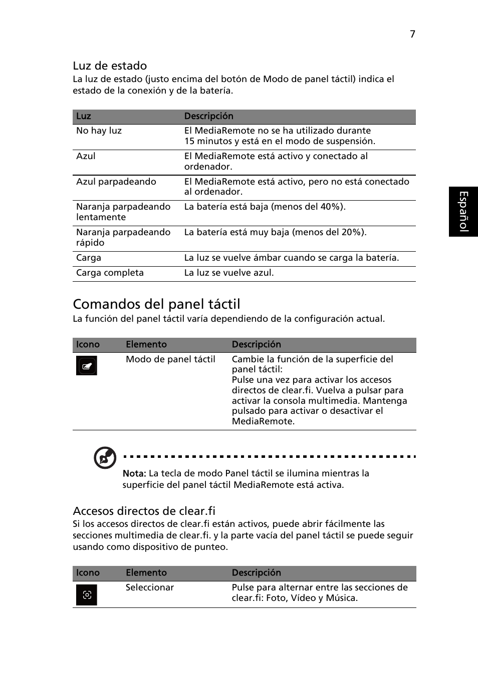 Comandos del panel táctil | Acer Aspire 8951G User Manual | Page 65 / 440