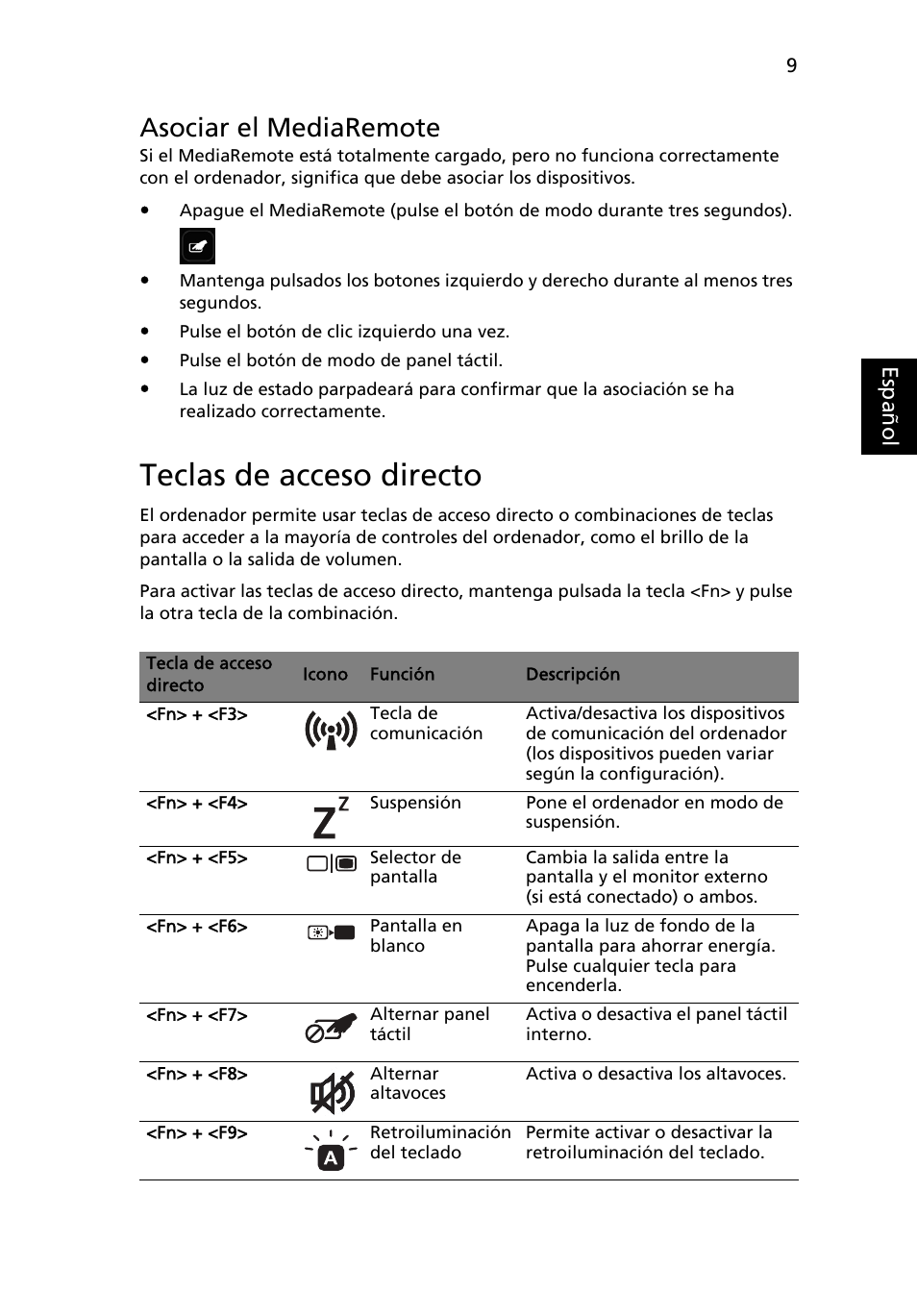 Teclas de acceso directo, Asociar el mediaremote | Acer Aspire 8951G User Manual | Page 67 / 440